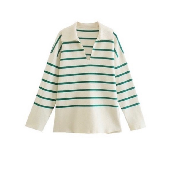 Zara Striped Polo V-Neck Collar‎ Coastal Soft Sweater, Green and White, Size S - Picture 4 of 13